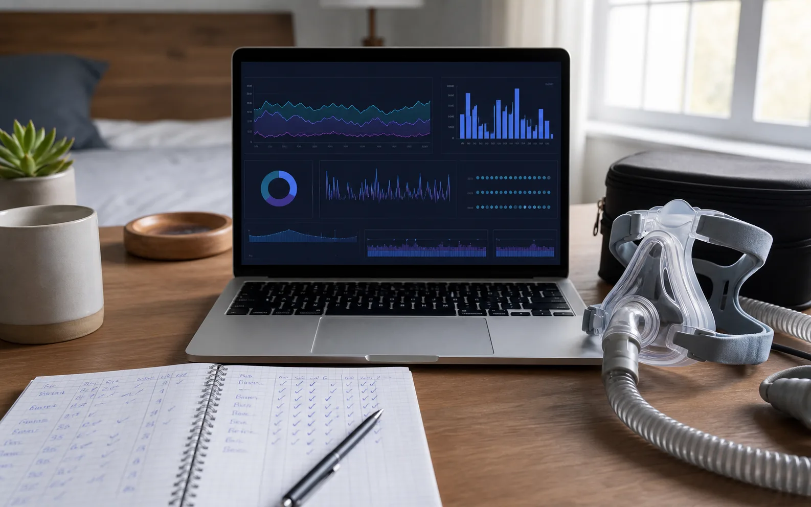 CPAP mask, diary, and an abstract sleep-trend dashboard